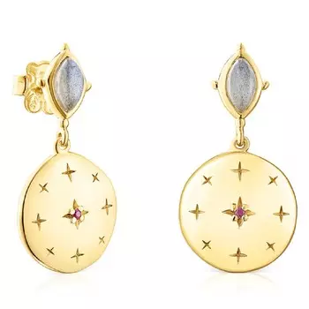 Серьги Tous Magic Nature Disc, позолоченное серебро/лабрадорит/рубин