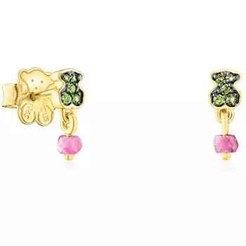 Серьги Tous New Motif Bear, позолоченное серебро/хромдиопсид/рубин