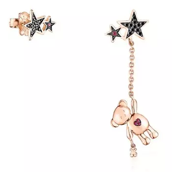 Серьги Tous Teddy Bear Stars Short/long, розовое серебро/шпинель/рубин