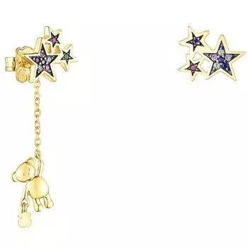 Серьги Tous Teddy Bear Stars Short/long, позолоченное серебро/сапфир/кристалл кварца/рубин