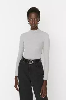 Серая эластичная трикотажная блузка в рубчик с высоким воротником и длинными рукавами Trendyol, серый
