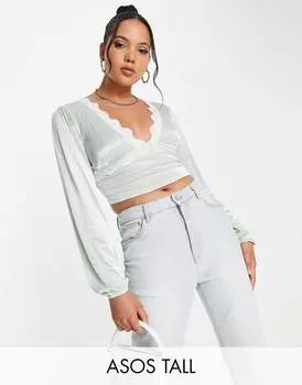 Серая атласная блуза с кружевной отделкой ASOS DESIGN Tall