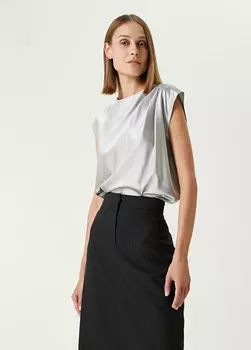 Серая атласная блузка со складками с круглым вырезом Beymen