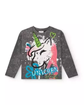 Серая футболка для девочки с принтом единорога Tuc tuc