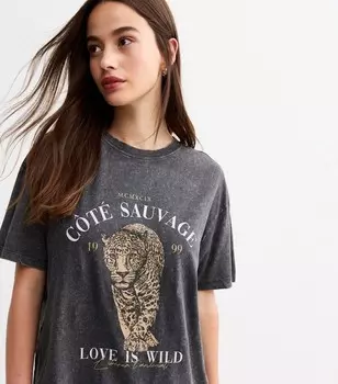 Серая футболка оверсайз с графическим принтом Acid Wash New Look, темно-серый