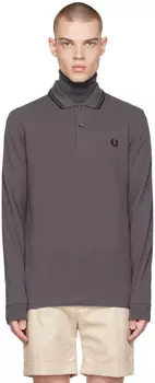 Серая футболка-поло с длинным рукавом и двумя окантовками Fred Perry