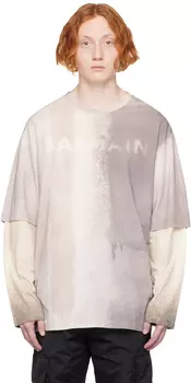 Серая футболка с длинным рукавом с принтом Balmain