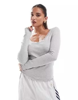 Серая футболка с длинными рукавами и кружевным вырезом ASOS DESIGN