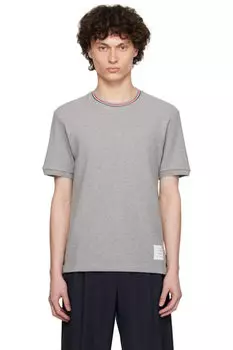 Серая футболка с коротким рукавом и манжетами в рубчик Thom Browne
