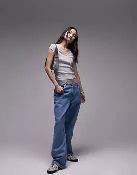 Серая футболка с v-образным вырезом в рубчик Topshop