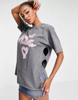 Серая футболка с вырезами и графичным принтом ASYOU ASYOU