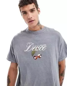 Серая футболка свободного кроя ASOS DESIGN с вишневым принтом на груди и эффектом потертости