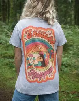 Серая футболка унисекс с рисунком грибов шиитаке Batch1