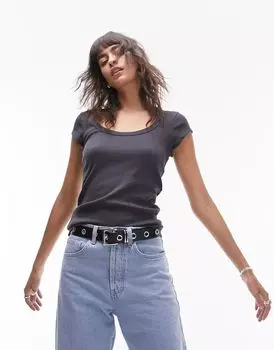 Серая футболка в рубчик с круглым вырезом и короткими рукавами Topshop