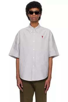 Серая хлопковая рубашка свободного кроя с короткими рукавами AMI Paris