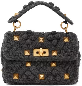 Серая кашемировая сумка среднего размера в римском стиле с заклепками Valentino Garavani