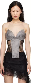 Серая майка из искусственной кожи со вставками KIM SHUI