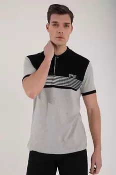 Серая меланжевая двухцветная мужская футболка из трикотажа с воротником поло и стандартным узором на груди TOMMYLIFE