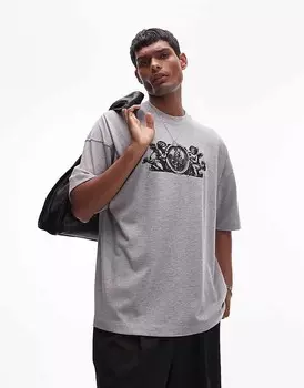 Серая меланжевая футболка премиум-класса Topman в стиле oversized с вышивкой в виде герба херувима