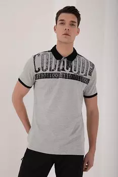 Серая меланжевая мужская футболка стандартного кроя с принтом под старину и воротником-поло TOMMYLIFE