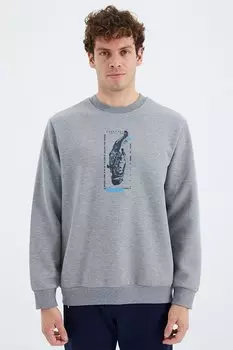 Серая меланжевая мужская толстовка удобного кроя с круглым вырезом и детальным принтом TOMMYLIFE, серый