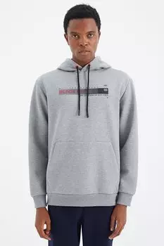 Серая меланжевая мужская толстовка удобного кроя со шнуровкой и детальным принтом TOMMYLIFE, серый