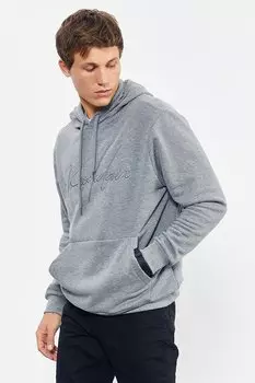 Серая меланжевая мужская толстовка удобной формы с капюшоном и рукописной вышивкой TOMMYLIFE