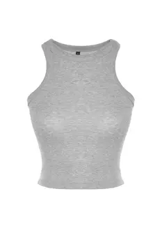 Серая меланжевая укороченная хлопковая эластичная трикотажная майка с воротником-халтером Trendyol, серый