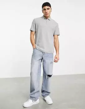 Серая меланжевая вафельная рубашка-поло с молнией ASOS DESIGN