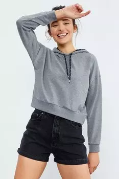 Серая меланжевая женская толстовка удобной формы с капюшоном и длинными рукавами TOMMYLIFE