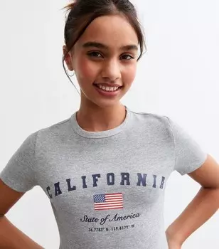 Серая мини-футболка из хлопковой смеси с надписью California для девочек New Look, серый