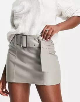 Серая мини-юбка с поясом из искусственной кожи ASOS DESIGN
