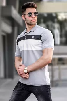 Серая мужская футболка в полоску с воротником поло 5864 MADMEXT