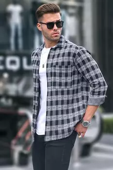 Серая мужская рубашка в клетку стандартного кроя 6714 MADMEXT