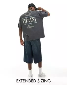 Серая объемная футболка оверсайз с принтом «NYC» на спине ASOS