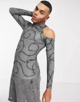 Серая облегающая футболка с вырезами и длинными рукавами ASOS DESIGN со сплошным принтом ASOS DESIGN