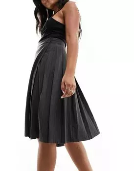 Серая плиссированная юбка миди в тонкую полоску ASOS DESIGN