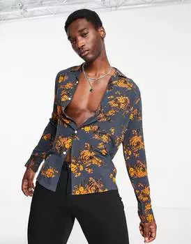 Серая рубашка с оранжевым цветочным принтом ASOS DESIGN revere