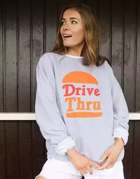 Серая толстовка унисекс с надписью Drive Thru и изображением гамбургера Batch1