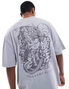 Серая тяжелая футболка оверсайз с принтом на груди и спине ASOS DESIGN