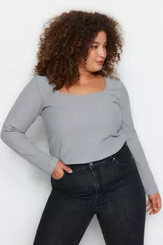 Серая трикотажная блузка с квадратным воротником Trendyol, серый