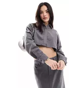 Серая укороченная рубашка с начесом из фланели ASOS