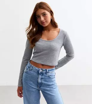 Серая вафельная футболка с длинным рукавом для девочек New Look, серый