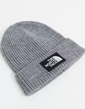 Серая вязаная шапка The North Face с манжетой и нашивкой с логотипом