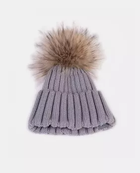Серая вязаная шапка в рубчик с помпоном из натурального меха IN.ES, серый