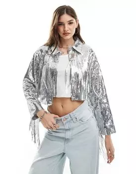 Серебристая куртка с бахромой и пайетками ASOS DESIGN