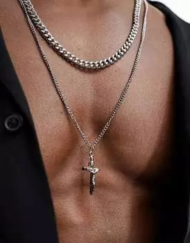Серебристая многослойная цепочка на шею с крестом ASOS DESIGN