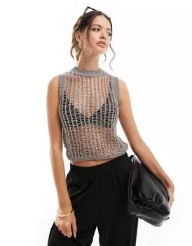 Серебристая трикотажная майка с открытой строчкой и эффектом металлик ASOS DESIGN