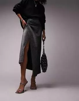 Серебристая юбка миди с разрезом и блестками Topshop