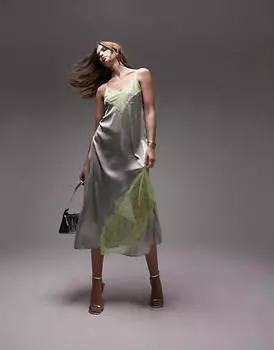 Серебристо-лаймовое платье миди на бретельках с кружевом Topshop